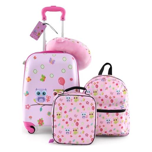 GYMAX set valigie per bambini da 5 pezzi con trolley 38 cm, zaino 33 cm, cuscino per il collo, borsa per il pranzo isolata, etichetta per bagagli, per viaggio scuola (gufo)