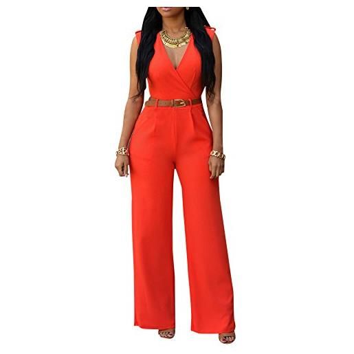 ZiXing senza maniche donna jumpsuit a vita alta v-collo con la cintura arancia 2xl