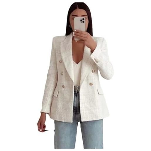 KaloKLU blazer in tweed a doppio petto da donna, stile vintage, resistente, per lavoro e ufficio, a maniche lunghe con tasca, beige, l