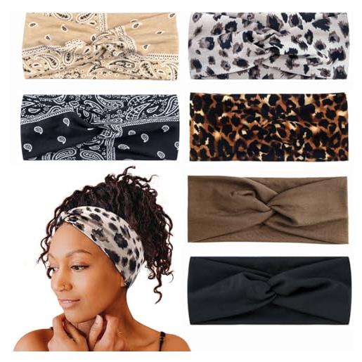 Youery 6 pezzi fasce per capelli donna, leopardata boho solide annodato fasce per la testa, capelli donna stampa accessori, vintage morbido elastica turbante per yoga sport (colore 2, confezione da 6)
