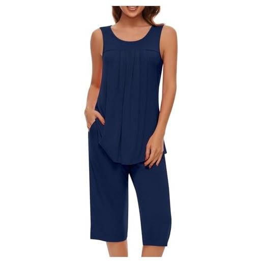 Generic canottiera morbida senza maniche da donna e pantaloni capri con set di pigiami tascabili pigiami cotone manica corta