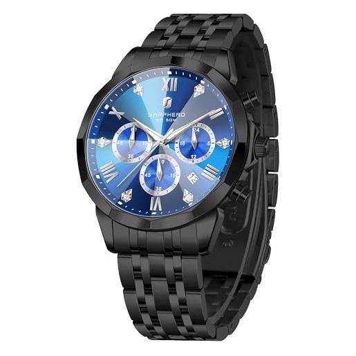 PINDOWS Orologio da uomo, orologio da polso di lusso con diamanti, analogico al quarzo, impermeabile, con data luminosa, cinturino in acciaio