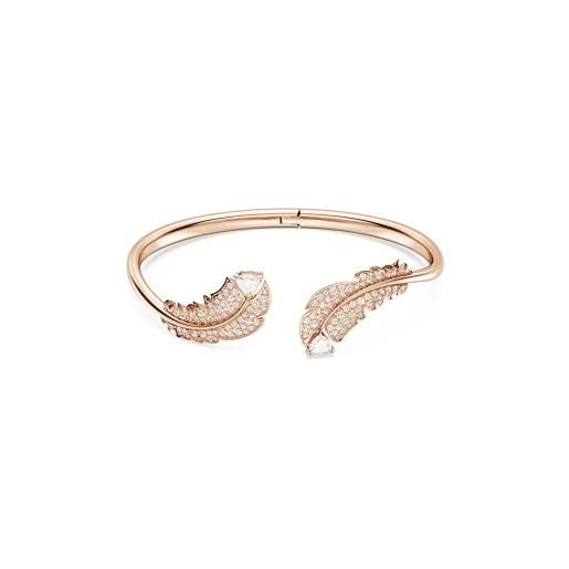 Swarovski nice bracciale rigido, con motivo a piuma, cristalli e zirconia Swarovski, placcatura in tonalità oro rosa, taglia s, bianco