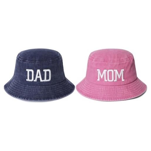 GODVINTAGE cappelli alla pescatora per papà e mamma, 2 pezzi, ricamati 3d, regolabili, lavati, cappelli alla pescatora per genitori, coppie, cappello classico regalo per mamma e papà, blu navy dad+mamma rosa, 