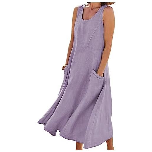 BIUBIULOVE abito da donna senza maniche in cotone e lino, abito lungo da donna vestito estivo da canotta, abiti girocollo larghi solidi con tasca, abito senza maniche alla moda casual boho (s, arancia)