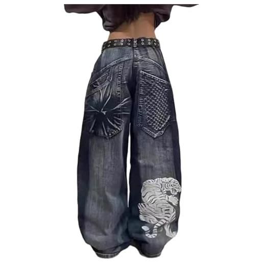 Suncadmious jeans larghi eleganti da donna con tasche pantaloni in denim ricamati con teschio vintage hip hop, pantaloni a vita bassa jeans vintage a gamba dritta hip hop (blu 1, s)