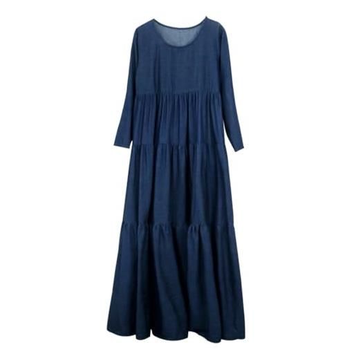 Pegsmio abiti larghi in denim a trapezio da donna lunghi maxi vintage stile cinese jeans a maniche lunghe o-collo abiti, blu, taglia unica