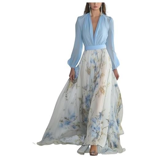 Vagbalena abito da donna con stampa floreale blu scollo a v manica lunga fluttering abito da sposa da spiaggia profondo scollo a v pieghettato abiti lunghi in chiffon (blu, s)