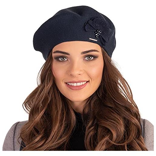 Vivisence invernale berretto elegante da donna con fiore laterale realizzato in filato caldo con lana perfetto per le fredde giornate invernali e autunnali, blu scuro, taglia unica