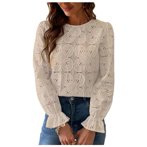 CUPSHE - camicetta da donna con scollo rotondo e maniche lunghe, con ricami floreali traforati e polsini elastici, camicia elegante, verde menta, xxl