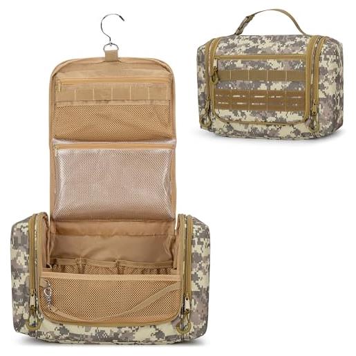 Prokva borsa da toilette sospesa per viaggio, uomo, grande borsa da toilette tattica, organizer per doccia con gancio per articoli da toeletta e cura della rasatura, marrone mimetico (vuota)