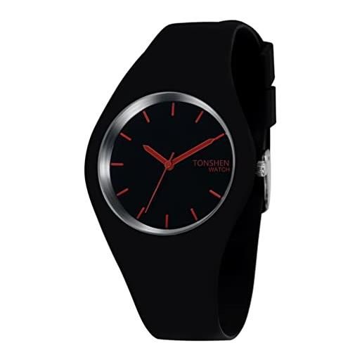 TONSHEN semplice fashion analogico quarzo orologio donna e ragazza 12 colori gomma sport orologi da polso casual elegante orologi (nero rosso)