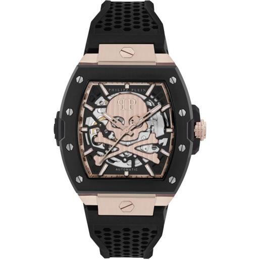 TIME100 Orologio Uomo Automatico Scheletrato: Quadrante Rettangolare Grande, Cassa Placcata Oro, Silicone Nero