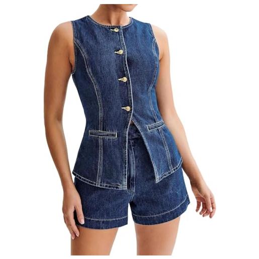 Hecatombic gilet in denim da donna giacca lunga top jean gilet senza maniche girocollo con tasche (blu, s)