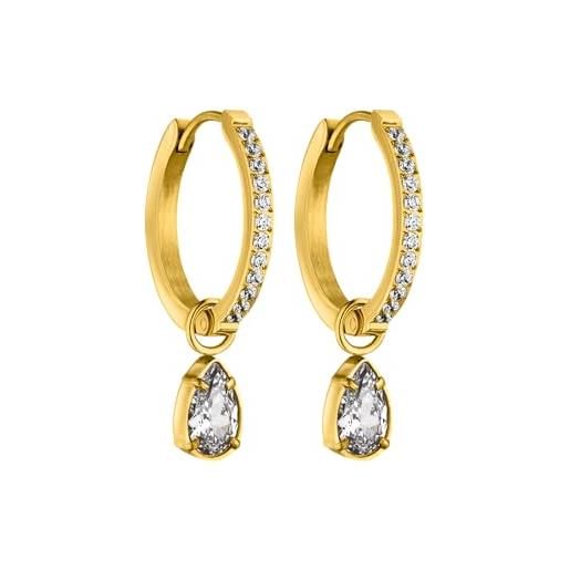 Purelei Orecchini A Cerchio Vintage Donna - Placcati Oro 18K - Con Zirconia Cubica A Goccia - Acciaio Inox 15,6 Mm - Leggeri 4,99g