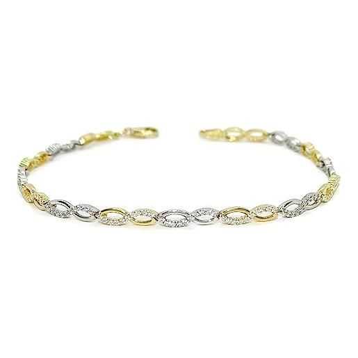 Never say never bracciale in oro giallo e oro bianco 18k con 15 infiniti e zirconi. Lunghezza: 19,50 cm. Peso 5,80 g di oro 18 k. Un regalo indimenticabile. , 100% oro 18k, zirconia cubica. 