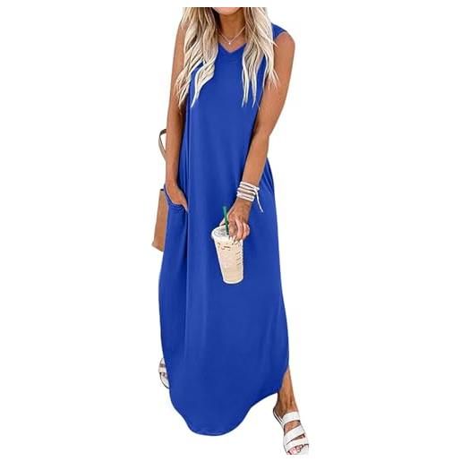 Chicrise vestito donna estivo senza maniche abito lungo spiaggia prendisole collo a v con tasche blu grande 42-44