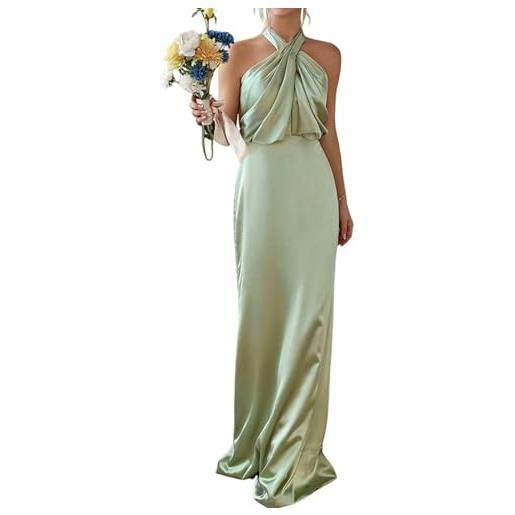 KURFACE abito da damigella d'onore da donna con scollo all'americana per matrimonio plissettato in raso formale abito da sera lungo, blu navy, 44