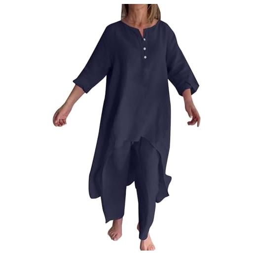 Generic donne tinta unita cotone lino casual manica lunga top gamba larga pantaloni set sera elegante abito, marina militare, 3xl