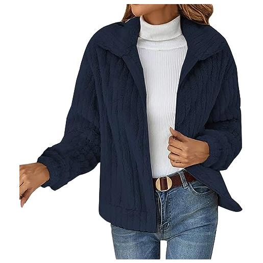 DABAOK giacca in pelle lunga da donna, capispalla spessa, cappotto solido con tasche, giacca antipioggia di grandi dimensioni, blu, l