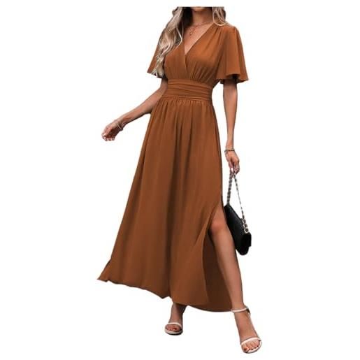LUVCES vestito donna elegante da sera scollo a v tinta unita a pieghe abito lungo casual manica a farfalla spacchi cerimonia abiti maxi estivo vestito blu reale s