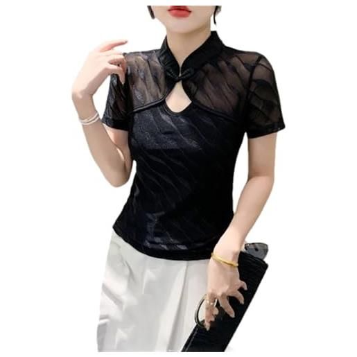 Generic magliette da donna a maniche corte con colletto in stile cinese, bk01, s