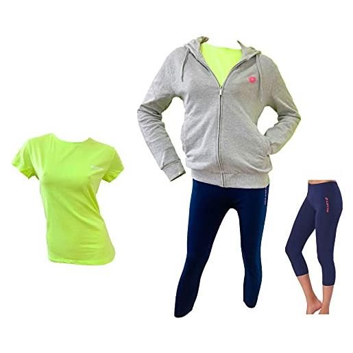 Lotto tuta donna estiva, 2 pezzi + t-shirt omaggio, giacca in felpa estiva, leggings modello capri in cotone elasticizzato, t-shirt in cotone in omaggio (felpa grigio + capri blu + t/s lime, l)