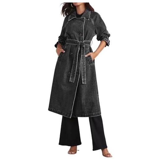 Suncadmious trench lungo in denim doppiopetto casual da donna trench con giacca di jeans con cappotto spolverino con cintura (nero, m)