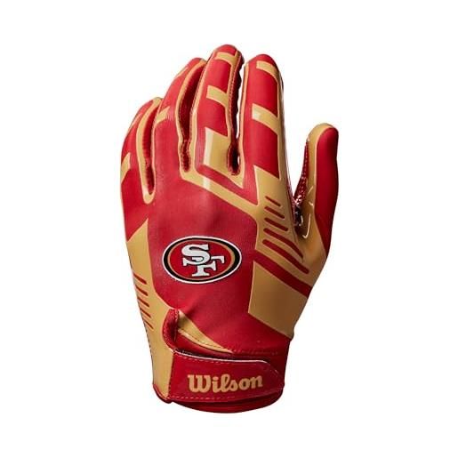 Wilson guanto da football ad nfl stretch fit, vestibilità sicura e presa salda, in tessuto traspirante, per prestazioni ottimali, squadra: san francisco 49ers, colore: rosso/oro, taglia adulto