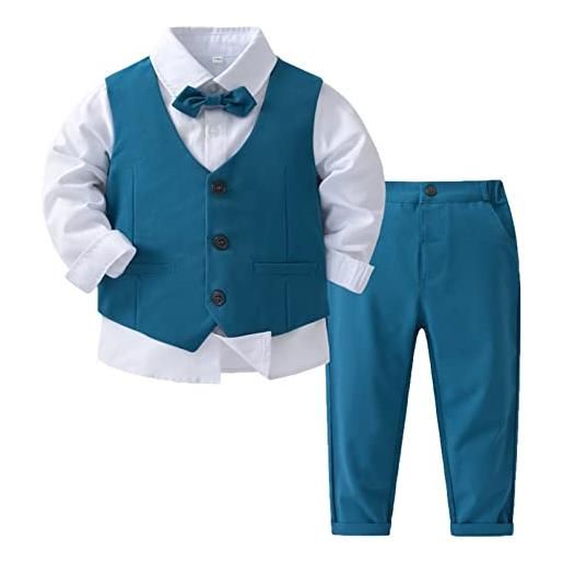 renvena completo smoking elegante per bambino bimbo set blazer camicia con papillon + gilet + pantaloni outfit gentleman abito da battesimo nozze matrimonio a blu 2-3 anni