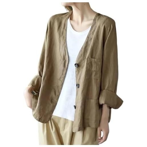 Goolecrimp blazer oversize in cotone e lino da donna manica lunga con scollo a v casual leggero blazer primaverile cardigan blazer cardigan business casual blazer (kaki, l)