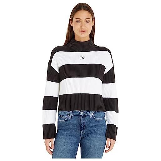Calvin Klein jeans pullover donna label chunky collo alto, multicolore (ck black/bright white stripes), m
