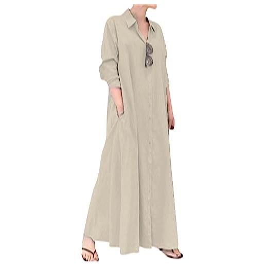 OMZIN abito tascabile di lino stampato delle donne rolled up maniche camicie dress buttons down side split dress blu floreale l