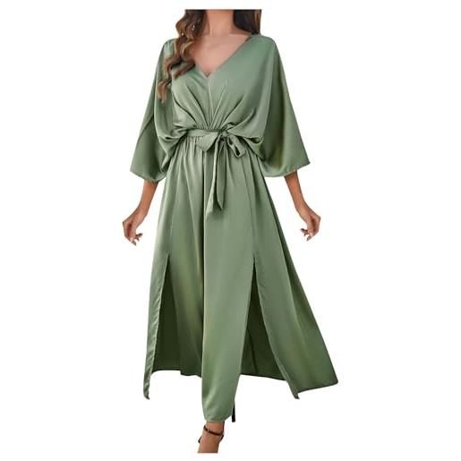 HAOLEI vestito da sera lungo in pizzo plus size scollo a v con cintura manica lunga elegante abito da cerimonia e cocktail donna