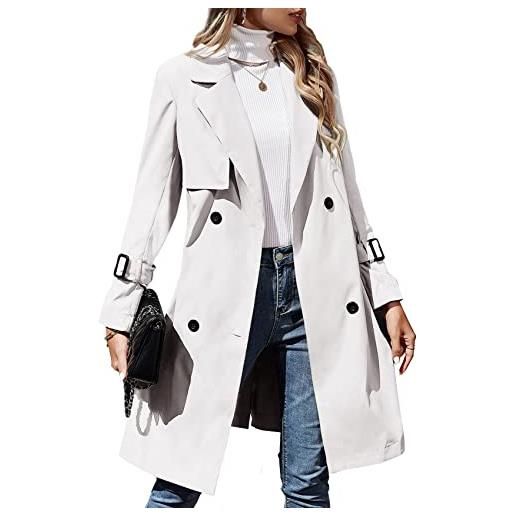 Makkrom trench doppiopetto da donna cappotto classico con risvolto capispalla sottile con fibbia per cintura, bianco, medium
