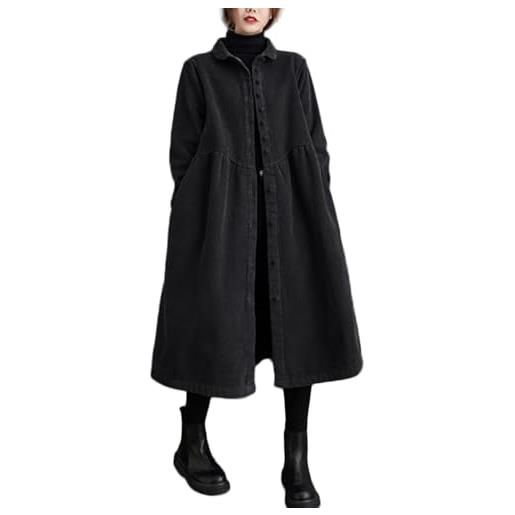 Suncadmious cappotto lungo in velluto a coste primaverile da donna con bottoni e tasche laterali trench imbottito a maniche lunghe abito vintage largo in velluto a coste (nero, xxl)