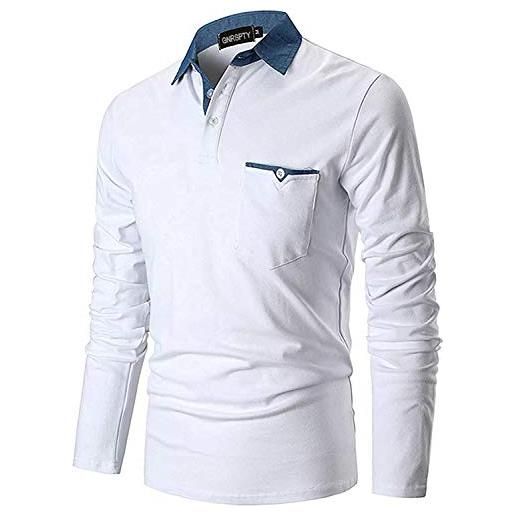 GNRSPTY polo manica lunga uomo maglietta denim collare maglia elegante cotone t-shirt golf tennis lavoro camicia, bianco, m