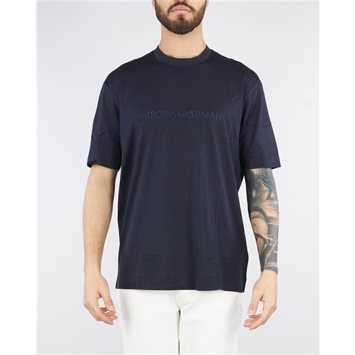EMPORIO ARMANI t-shirt blu in jersey misto lyocell con ricamo logo