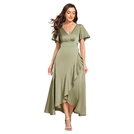Ever-Pretty vestito donna elegante lungo raso a maniche corta abito da cerimonia scollo a v abiti da sera verde salvia 44