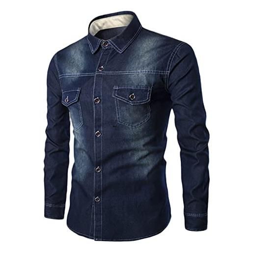 Darringls giacca di jeans da uomo tinta unita - slim fit trucker vintage cotone cowboy top cappotto camicia jeans con tasca stretta per uomo camicia da uomo vestibilità regolare, blu scuro, xl
