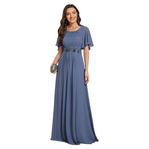 Ever-Pretty abito cerimonia donna lungo con scollo tondo e maniche con volant vestito da cerimonia con pizzo floreale abito maxi elegante nero 42