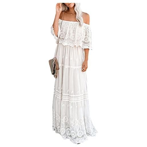 Hdhdeueh abito da sera da donna in pizzo bianco con spalle scoperte, stile bohémien, con maniche a pipistrello, bianco, m