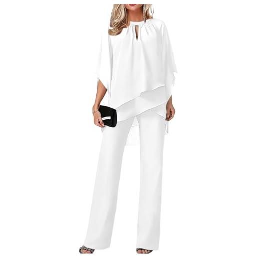 shownicer completo donna 2 pezzi set vita alta pantalone e tulle camicia elegante completino suit due pezzi set abbigliamento da cerimonia estivo tuta per ufficio business ol a bianco xl