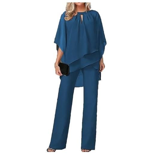 MASUCOR tailleur pantalone da donna estivo in due pezzi in tulle da sera completo di camicia in chiffon a due pezzi e tailleur pantalone a vita alta elegante completo vintage in 2 pezzi tailleur(blue, l)