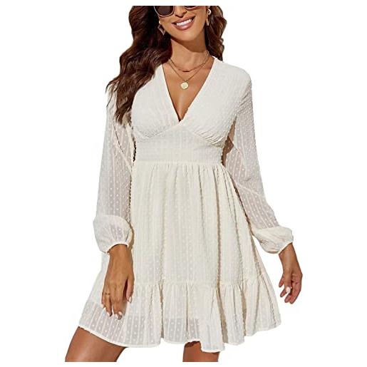 ticticlily vestito mini donna da casual abito chiffon scollo a v tinta unita a maniche lunghe line vestito corto a bianco m
