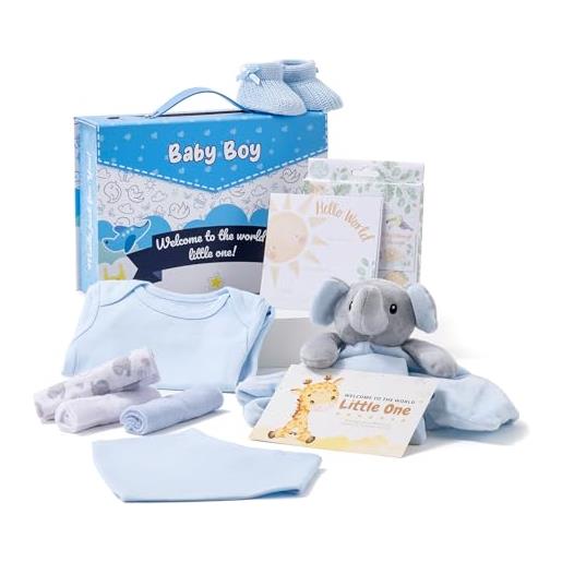Hattie's Gifts set regalo per neonato con body, scarpette, bavaglino, salviette, piumino, elefante, biglietti traguardi e scatola dei ricordi, regalo ideale per battesimo