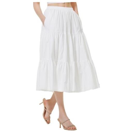 BEAUTELICATE gonna cotone donna vintage pieghettato gonna lunga estate gonna tinta unita a-linea midi gonna con tasche vita elastica (bianco - 75cm, s)