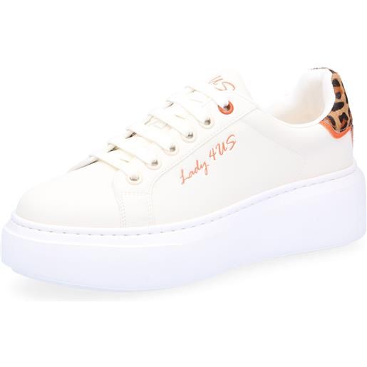 Sneakers 4US Cesare Paciotti Donna, Modello 4BV141, Beige In Ecopelle E Tessuto, Dettagli Oro, Suola Rialzata 5 Cm, Comode E Fashion