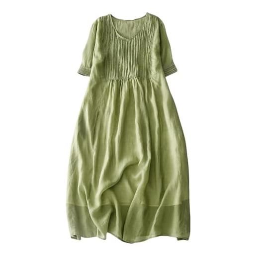 FM2018XSL vestito da donna estivo manica corta scollo v largo elegante abito midi con tasca vestito plissettato, s, bianco