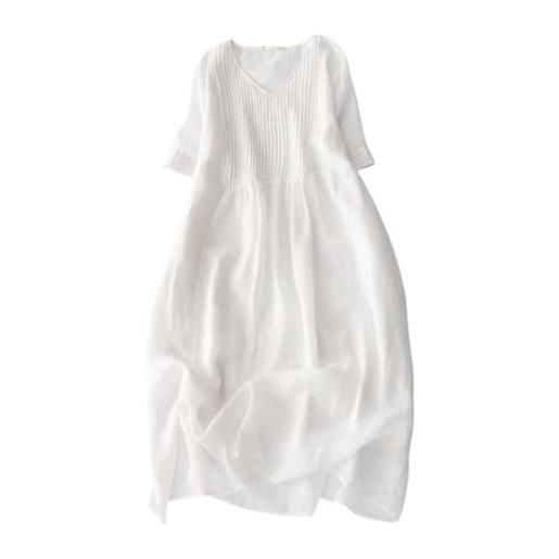 FM2018XSL vestito da donna estivo manica corta scollo v largo elegante abito midi con tasca vestito plissettato, l, blu lago